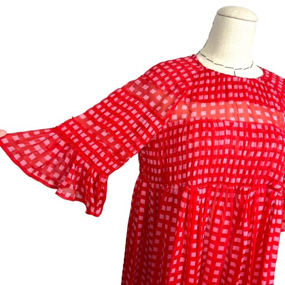ASOS Women's Red Gingham 3/4‎ Sleeve Crew Neck Back Keyhole Smock Dress Size 6 - Picture 5 of 7